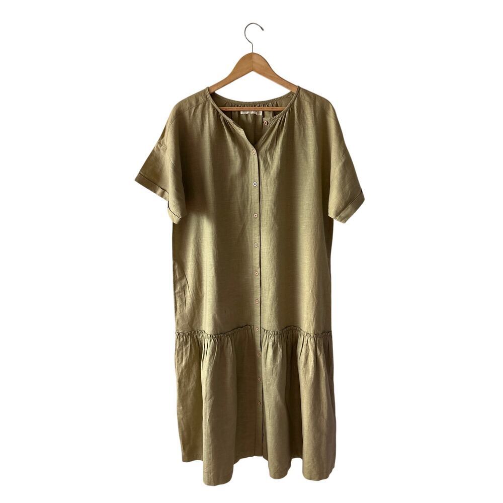 Micaela Greg Cleo Dress Olive Khaki 100% Cotton Button Front Tiered Size S